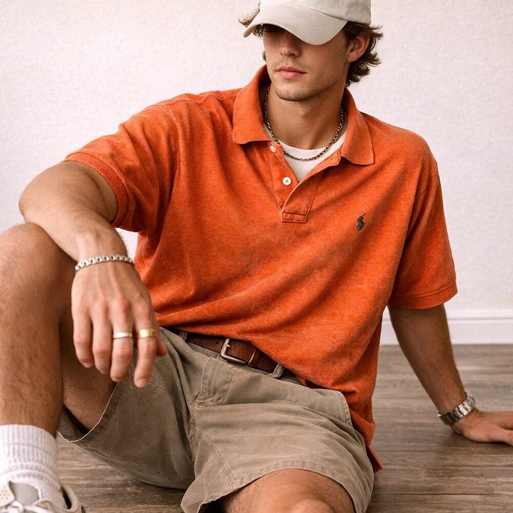 Polo Ralph Lauren Orange Classic Fit Polo Shirt XL Cotton Green Pony Logo Flaw